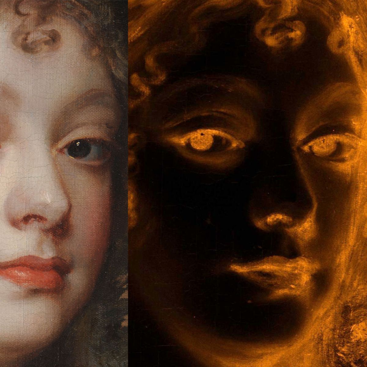 Painting of a face and an x-ray of the painting