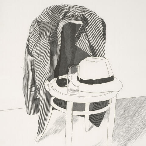 Drawing of a hat, glass, and jacket on a chair