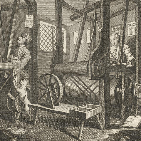 Engraving of two men working at a textile mill
