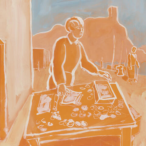 Orange art print of man and table of objects